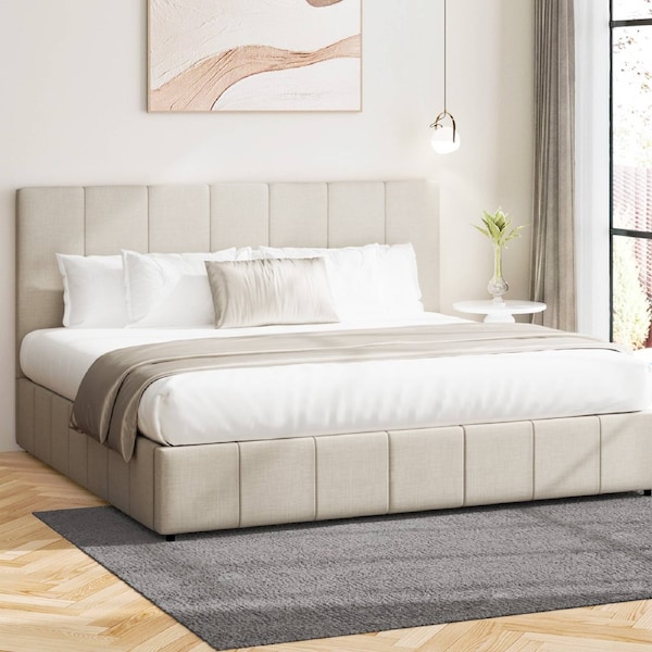 Oikiture Bed Frame King Size Gas Lift Base With Storage Beige Fabric VISH