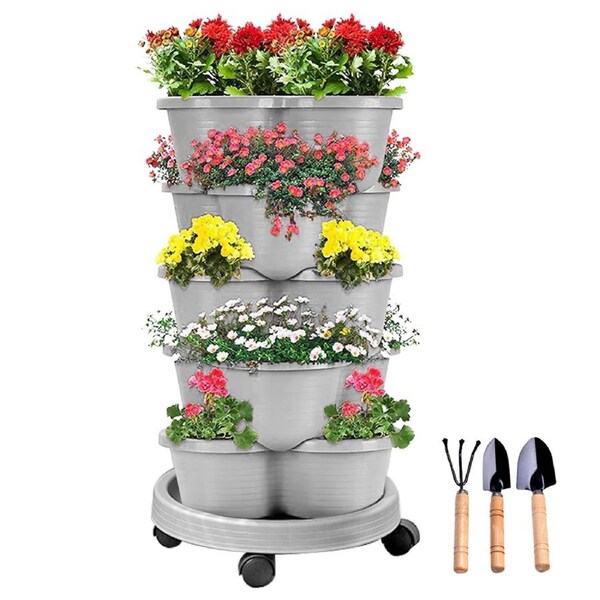 SpringUp 5 Tier Vertical Garden Strawberry Stackable Planters Herbs Petunias Pancy Light Grey
