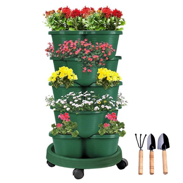 SpringUp 5 Tier Vertical Garden Strawberry Stackable Planters Herbs Petunias Pancy Dark Green