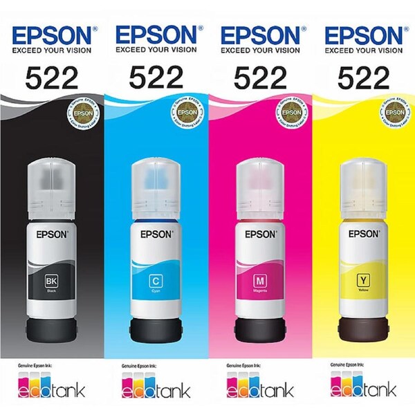 Epson T522 EcoTank 522 Ink Toner Bottle Value Pack Black Cyan Magenta Yellow Genuine Original
