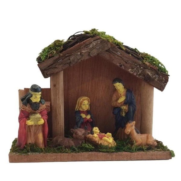 Christmas Nativity Ornament Jesus Mary & Joseph Manger Rustic Wooden