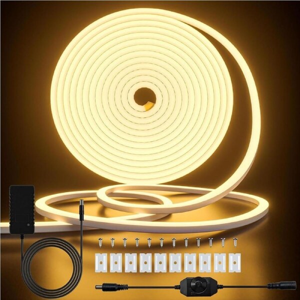 16.4ft Neon LED Strip Light, Cozylady Warm White Waterproof Rope Light with Power Supply and Dimmer Controller, 5m Flexible DIY Silicone 24V LED Neon Rope Light for Kitchen Indoor Outdoor Decor