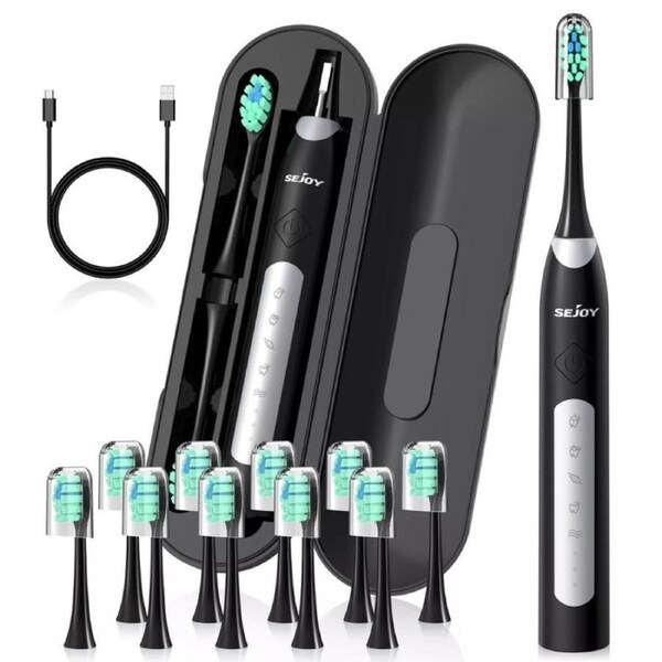 SEJOY Sonic Rechargeable Electric Toothbrush 5 Modes 10 Brush Heads Travel Case