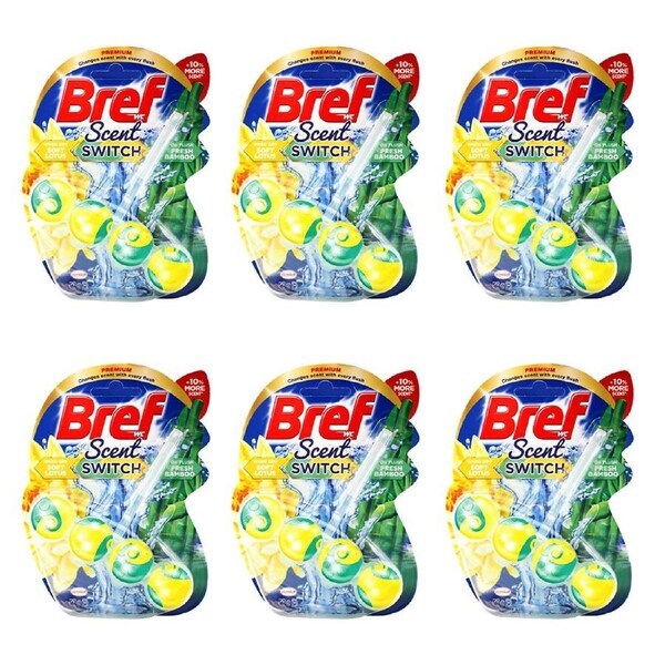 6x Bref Toilet Cage Scent Switch Bath Bowl Freshener 50g Soft Lotus/Fresh Bamboo