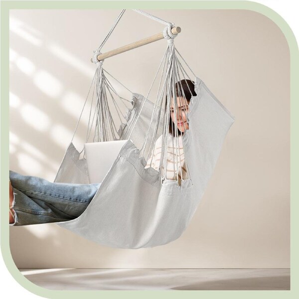 Groverdi Hammock Chair Swing Hanging Rope Chair Larger Footrest Hanging Kit Indoor Outdoor Cream