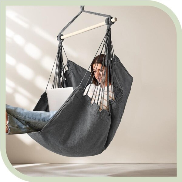 Groverdi Hammock Chair Swing Hanging Rope Chair Larger Footrest Hanging Kit Indoor Outdoor Grey