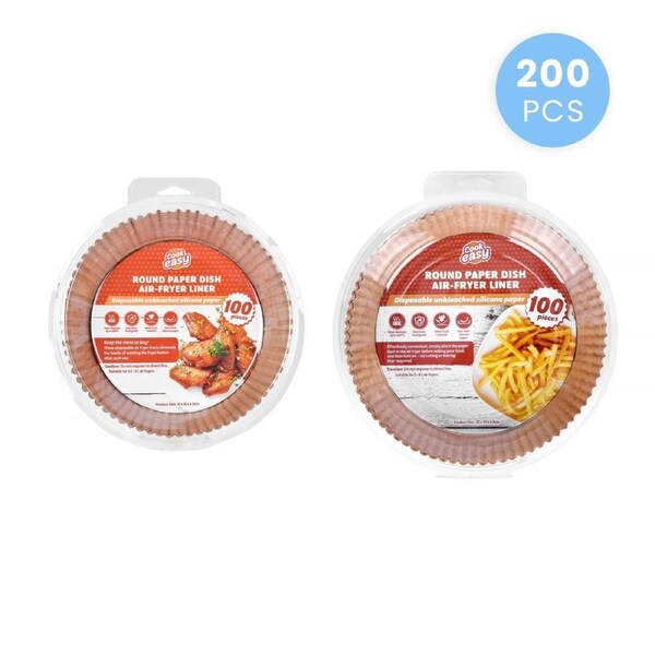 200 Pcs Disposable Unbleached Silicone Paper Dish Air-fryer Liner (100 small round + 100 large round)