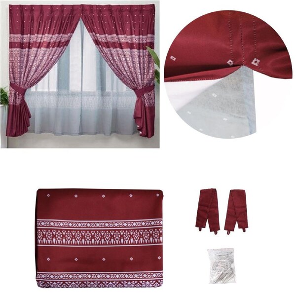 Avon Home Casa Kayangan Burgundy Pinch Pleat Window Curtain with Attached Lace Curtain