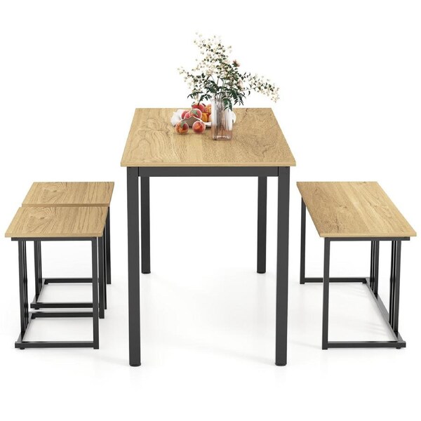 Giantex 4 Piece Industrial Dining Table & Chair Set Metal Frame Table Bench Natural