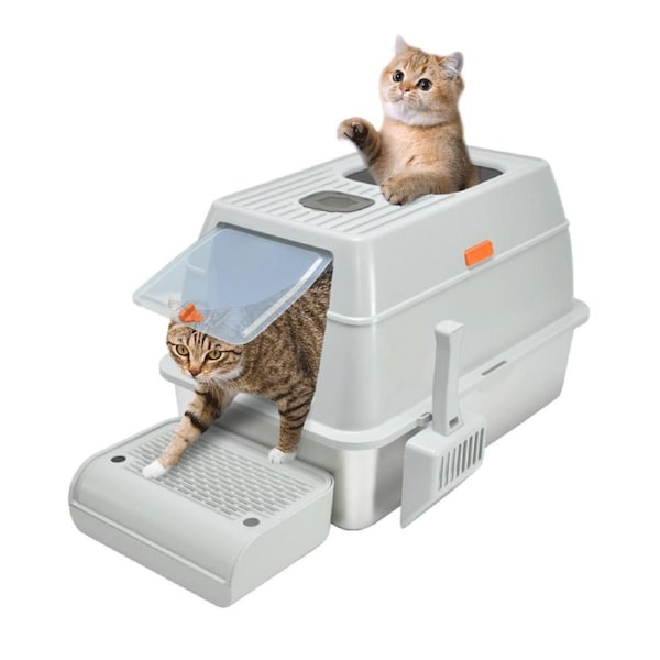 20L Large Anti-Leak Enclosed Cat Litter Box Stainless Steel Detachable Kitty Litter Tray with ABS Lid High Sides Scoop and Ramp Easy Cleaning Light Grey