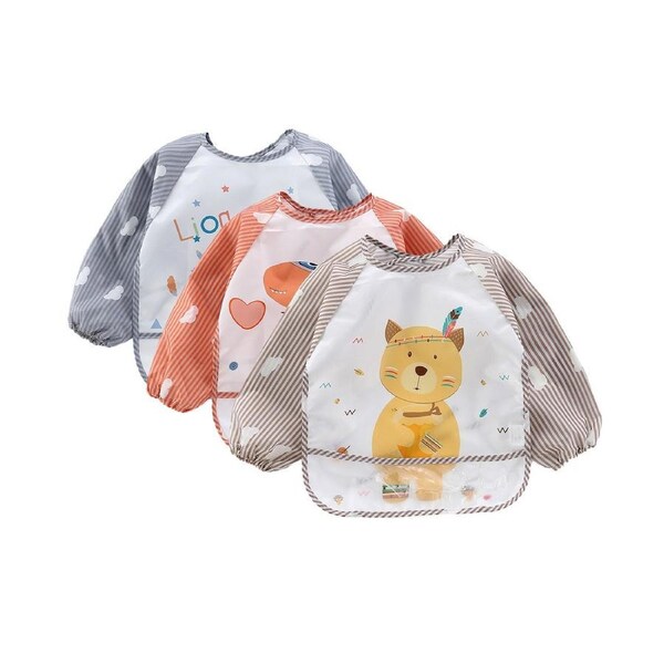 3-Pack Bib Smock Toddler Bibs with Pocket Long Sleeve Waterproof Bib Full Coverage Apron