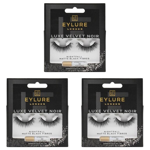 3x Eylure London Luxe Velvet Noir Lashes w/Glue Set Nightfall Matte Black Fibres