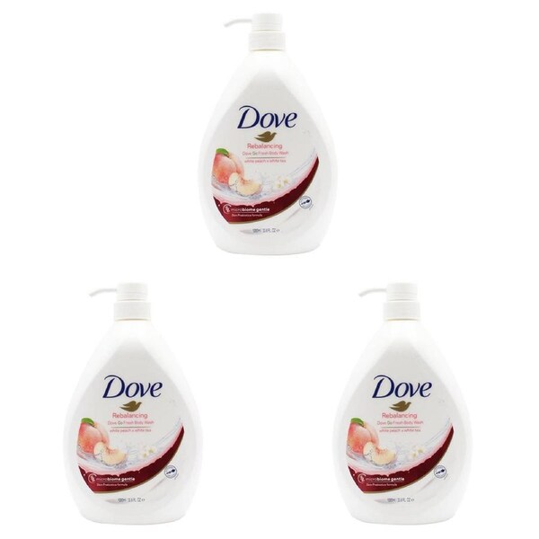 3x Dove 1000ml Body Wash Liquid Bath Soap White Peach/Tea Scent Rebalancing