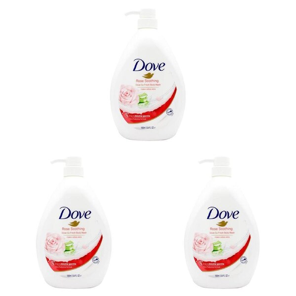 3x Dove 1000ml Body Wash Moisturising Liquid Bath Soap Rose Soothing Scent