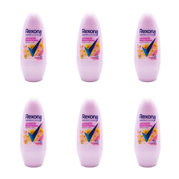 6x Rexona 45ml Anti Sweat Roll On Deodorant 48h Protection Advanced Brightening