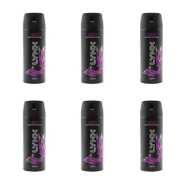 6x Lynx 150ml Deodorant Fragrance 48h Antiperspirant Protection Bodyspray Excite