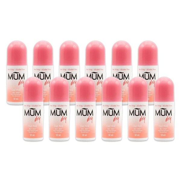 12x Mum 50ml All Day Anti Sweat Roll On Anti-Perspirant Deodorant Cool Pink