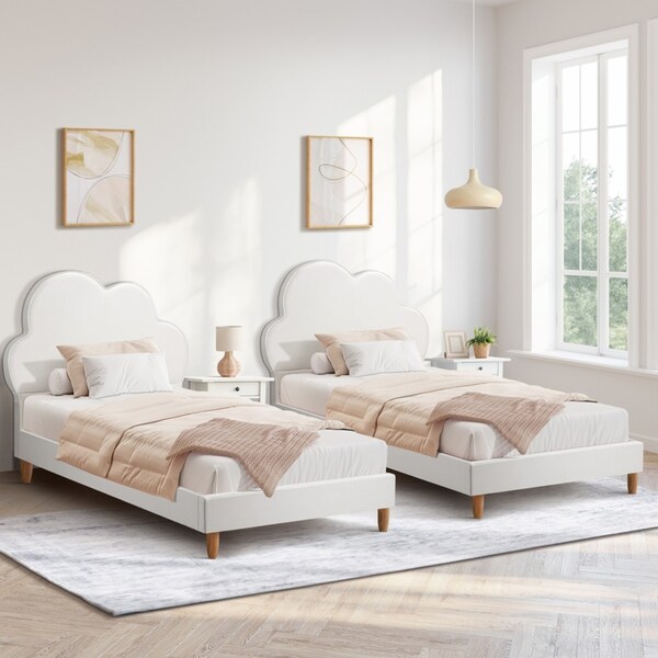 Oikiture Bed Frame 2X Single Size Cloud Kids Bed Frame White Leather