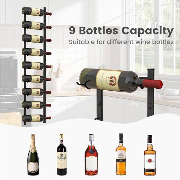 Costway 2Pcs 109x22x13cm Metal Frame Wine Rack 9 Holders Wall Mounted Wine Storage Shelf Home Kitchen Space Saver Black