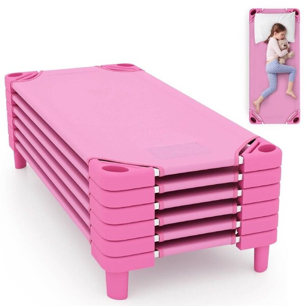 Babyjoy 6PCS Kids Portable Nap Cots Stackable Daycare Cots w/Easy Lift Corners Preschool Sleeping Beds Pink