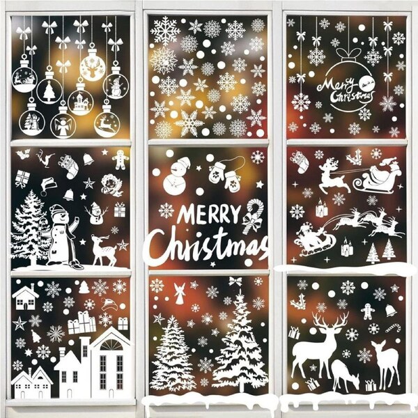 Bigqin 9Sheets 256PCS Christmas Window Sticker 2024 Xmas Window Film White Santa Claus Snowflake Reindeer Window Clings Reusable PVC Decals for Glass Winter Holiday Decorations