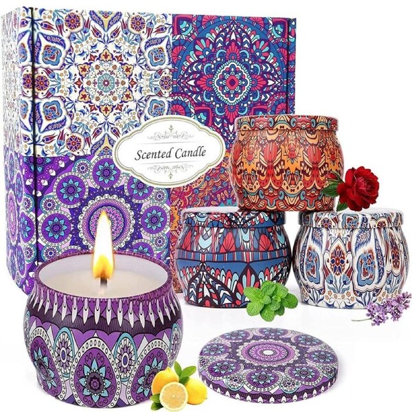 TOJUNE 4 Pack Scented Candles Gift Set 130g x 4 100% Pure Natural Soy Wax Portable Travel Aromatherapy Tin DIY Candle for Thanksgiving Christmas Valentine's Mother's Day Birthday Women & Mom Gifts