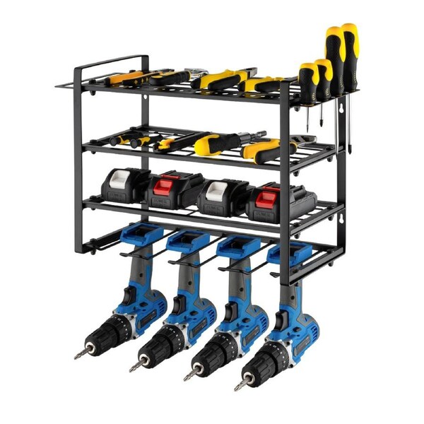 ACA Large 4 Layer Power Tool Organizer Wall Mounted Metal Storage Rack 40x20x31cm