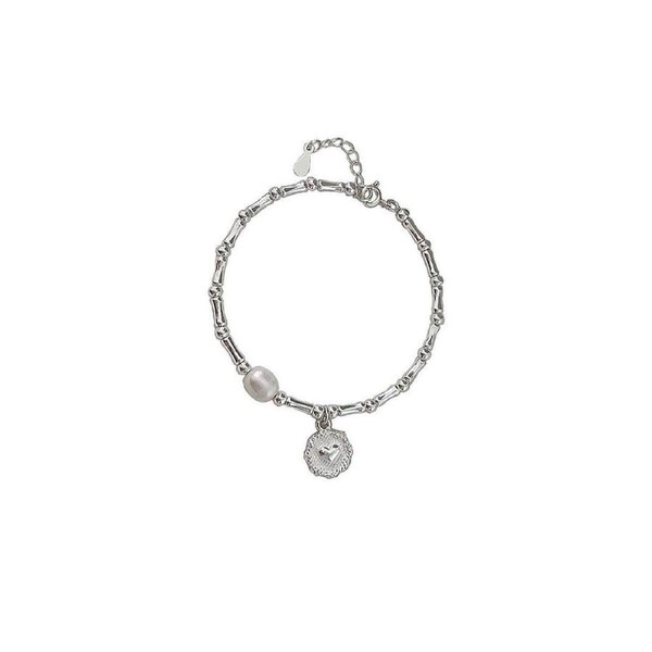 S925 Silver Handmade Bamboo Link Heart and Pearl Pendant Bracelet INS Style Jewelry