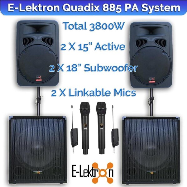 E-Lektron Quadix 885 3800W Vocal Sound System with Linkable UHF Mics and Poles