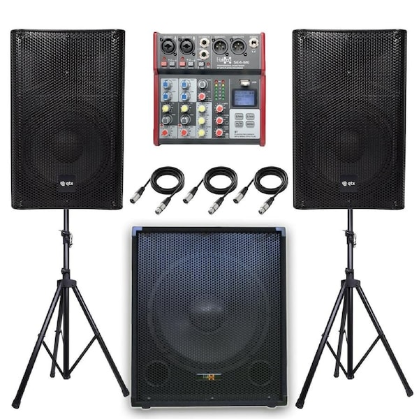 QTX Quest 10SSA 1800W 2.1 Active PA System Bundle - 15" Subwoofer, Mixer, Stands & Cables