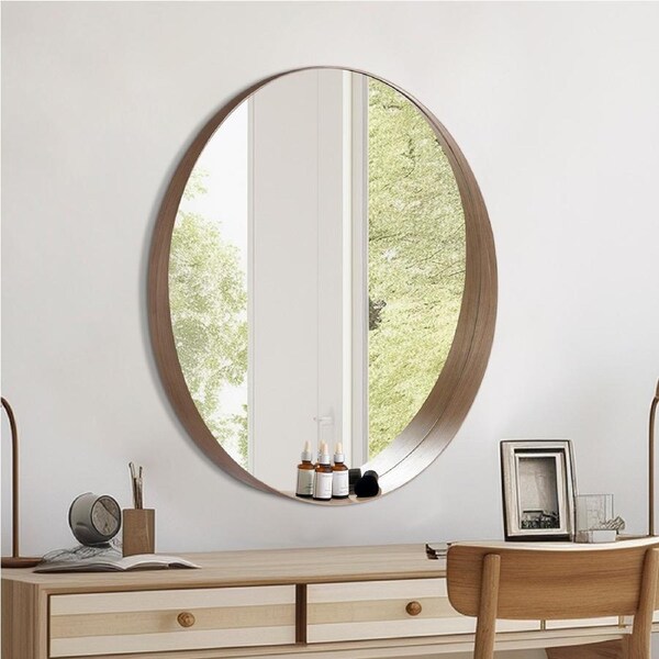 ACA 800mm Round Bathroom Vanity Decor MDF Frame Mirror 2 Bracket Storage Shelf