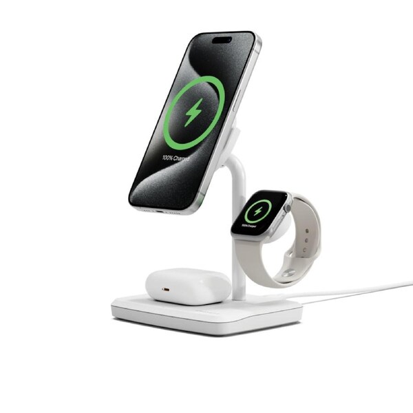 Cygnett ChargeBase Qi2 3 in 1 Magnetic 15W Wireless Charging Stand (White)