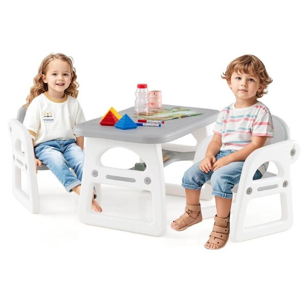 Babyjoy Kids Table & 2 Chairs Set 3PCS Activity Furniture Set Toddler Reading Drawing Desk w/Storage Rack Grey