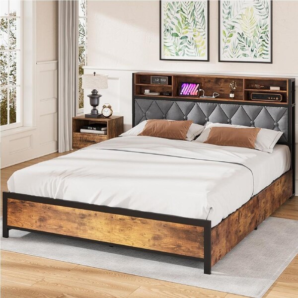 Advwin Bed Frame Double Size with 4 Storage Drawers Charging Station and Storage Tufted Headboard Shelf Metal Bed Base 206cm X 140cm