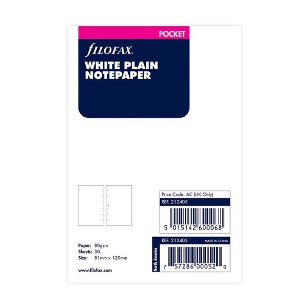 Undated Refill Filofax Plain Paper Pocket White FF-212405