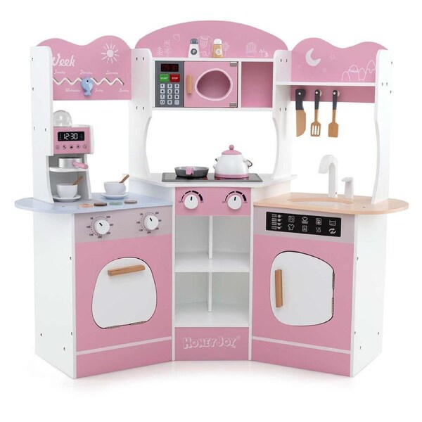 Costway 3-Door Corner Pretend Play Kitchen Kitchen Playset Cooking Toy Gift w/Coffee Set Pink