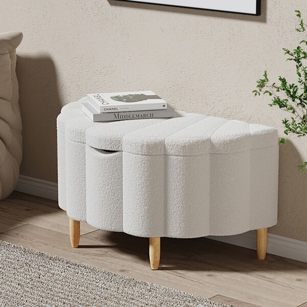 Oikiture Boucle Storage Ottoman Scallop Blanket Box Sherpa Fleece Foot Stool Seat Chest White