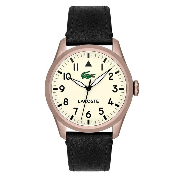 Lacoste Black Leather Parchment Dial Men's Watch - 2011300