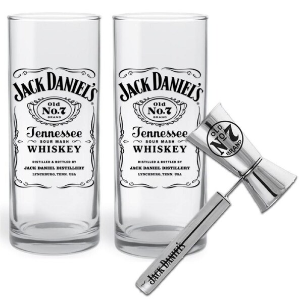Jack Daniels Set of 2 High Ball Glasses and Handled Jigger