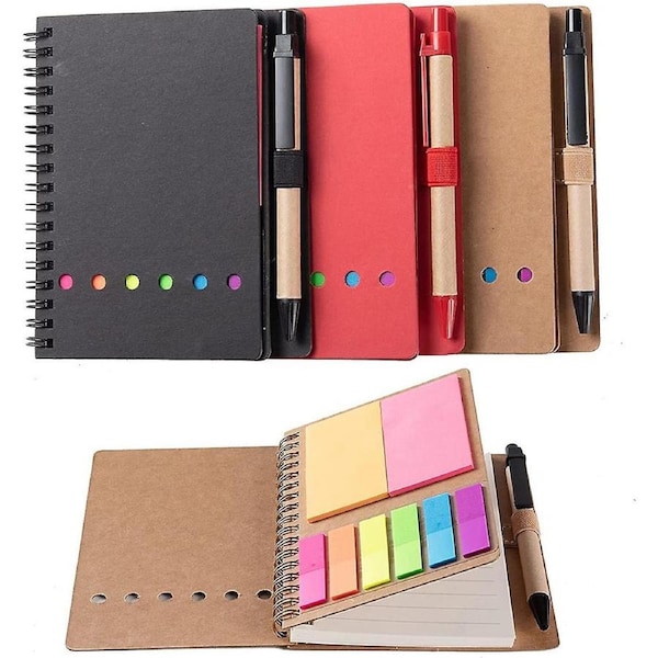 3 Packs Spiral Notebook Steno Pads Lined Notepad With Pen In Holder, Sticky Notes, Page Marker Colo