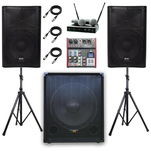 QTX Quest 12PAM 2040W 2.1 Professional PA System Bundle - 15" Active Subwoofer, Mixer, Stands & Pro Vocal Microphone