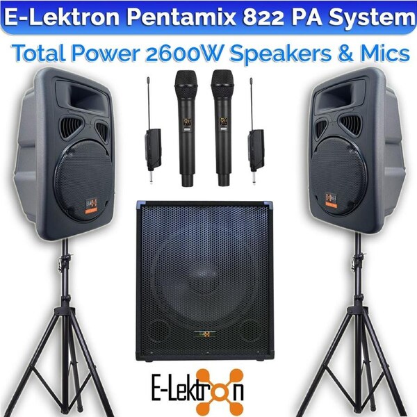 E-Lektron Pentamix 822 2600W Bluetooth Vocal Sound System with Linkable Microphones Stands for Event DJ Party Band