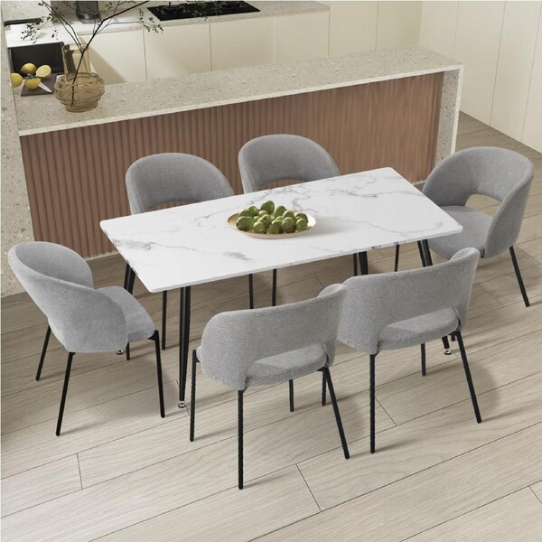 Oikiture 120cm Rectangle Dining Table with 6PCS Dining Chairs Fabric Grey