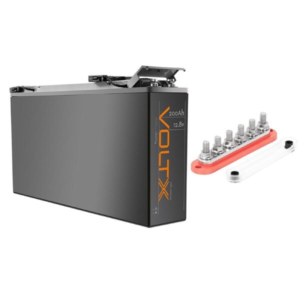 VoltX Slim 12V 200Ah Lithium Battery + 6 GANG 300A BusBar Red