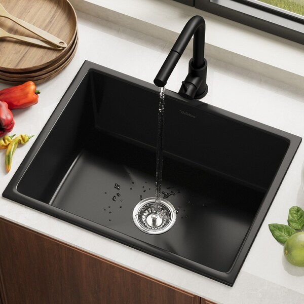 Welba Kitchen Sink Basin with Mixer Tap 59cmx45cm Granite Stonk Faucet Black