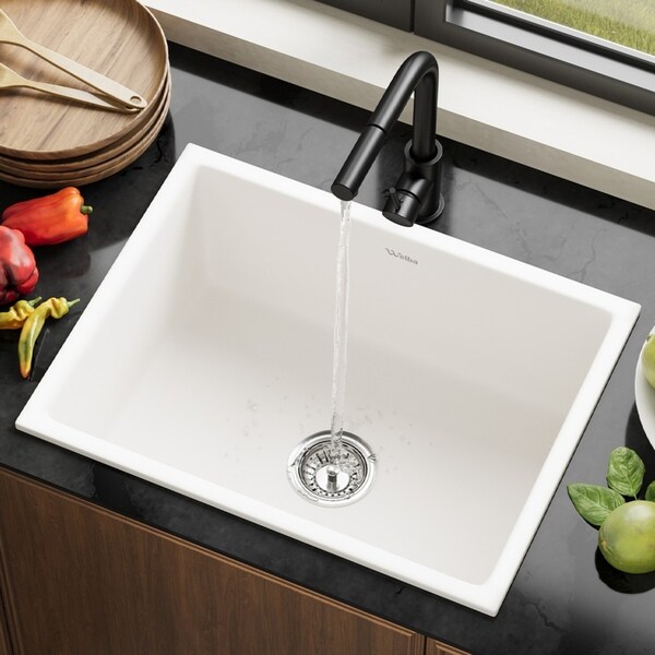 Welba Kitchen Sink Basin with Mixer Tap 59cmx45cm Granite Stonk Faucet White
