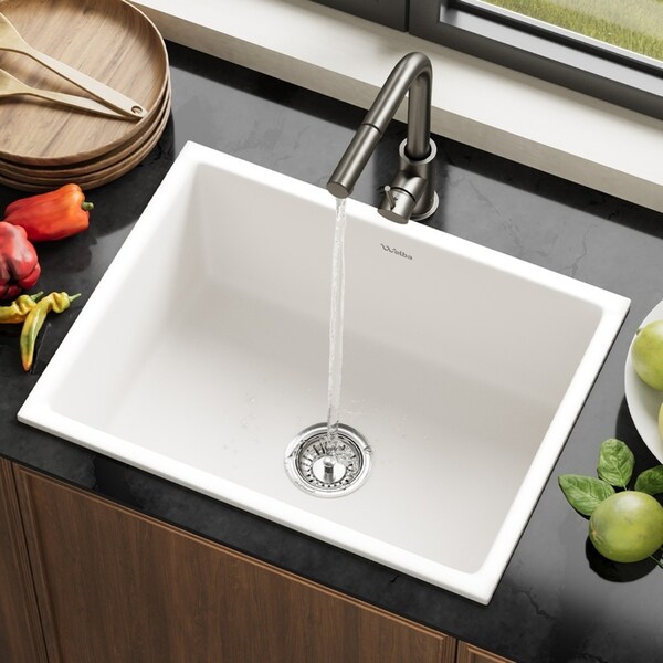 Welba Kitchen Sink with Mixer Tap 59cmx45cm Faucet Basin Granite Stonk White