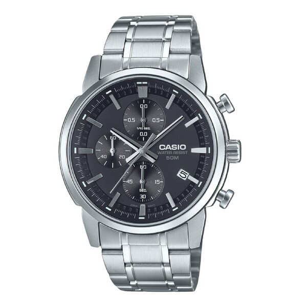 Casio Chronograph Stainless Steel Black Dial Analog MTPE510D-1A1V 50M Mens Watch