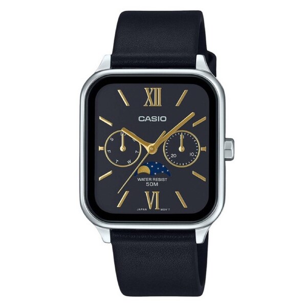 Casio Moon Phase Day/Date Leather Strap Black Dial MTP-M305L-1A2V 50M Mens Watch
