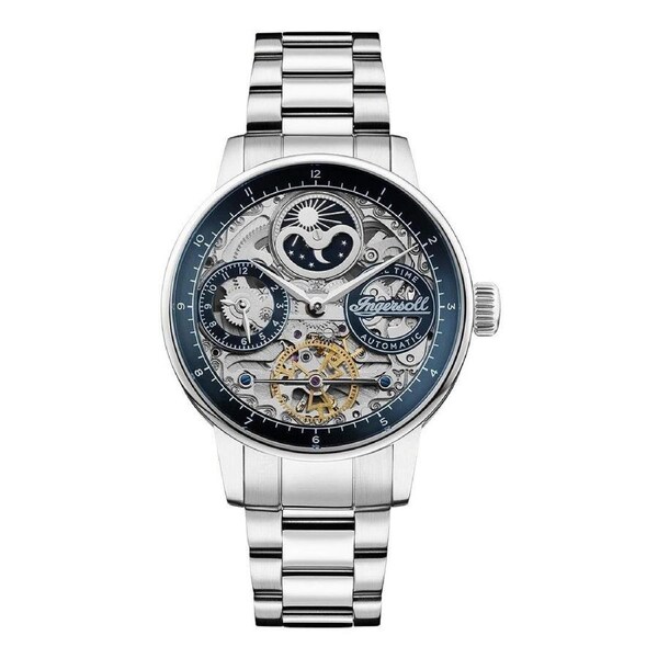 Ingersoll The Jazz Blue Skeleton Dial Moonphase Dual Time I07707 50M Mens Watch